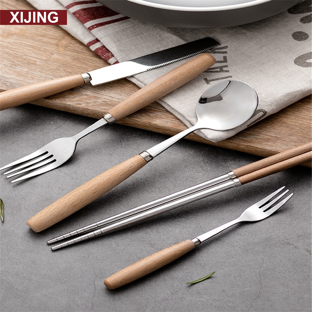 Muỗng/ nĩa/ đũa bằng thép không gỉ cán gỗ phong cách Nhật Bản