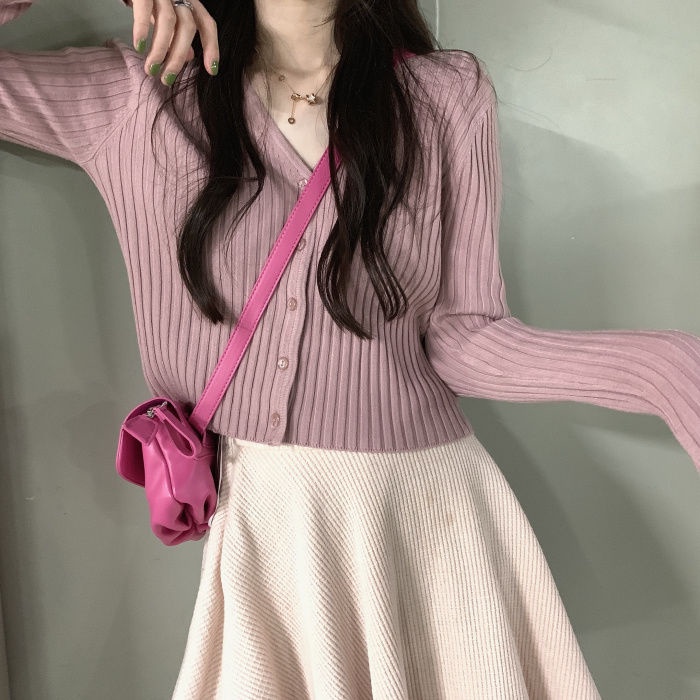 Áo cardigan dệt kim màu trơn dáng ngắn thiết kế mới thời trang mùa thu theo phong cách hàn quốc cho phái nữ