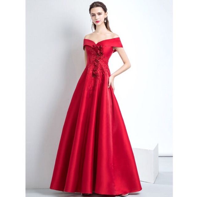 Đầm Maxi dạ hội bẹt vai kết hoa ren nổi và đá SANG TRỌNG - Size ML đến 58kgMM MM