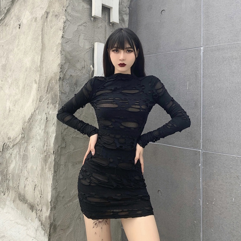 Đầm bút chì tay dài phối vết rách cá tính thời trang dành cho nữ