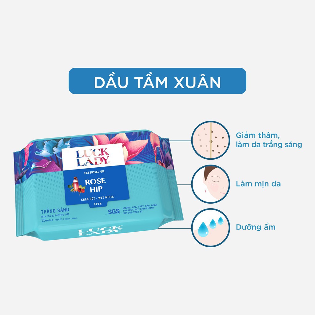 Khăn giấy ướt trắng sáng, mịn da Luck Lady Rose Hip 25 tờ/ gói - Combo 10 gói