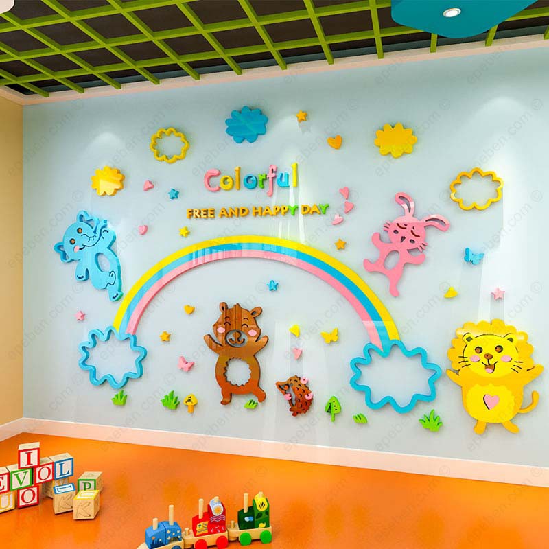 Tranh dán tường mica 3d decor khổ lớn ngày hạnh phúc trang trí mầm non, phòng cho bé Nhiều Size - EPeBen