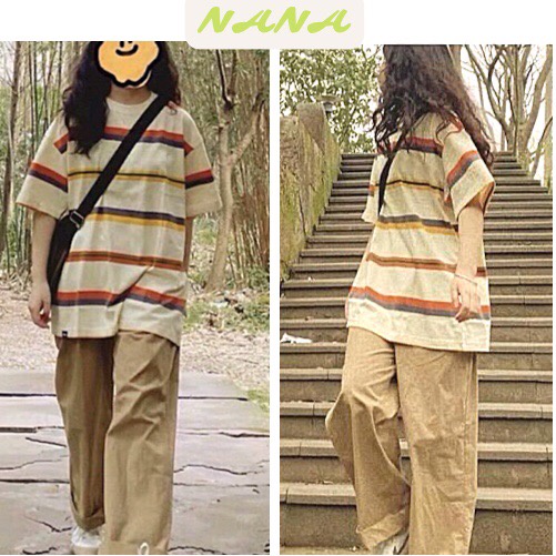 Set áo thun kẻ ngang phối quần dài dáng suông/ Bộ đồ unisex áo phông tay lỡ mix quần kaki nâu style Ulzzang Nanashop