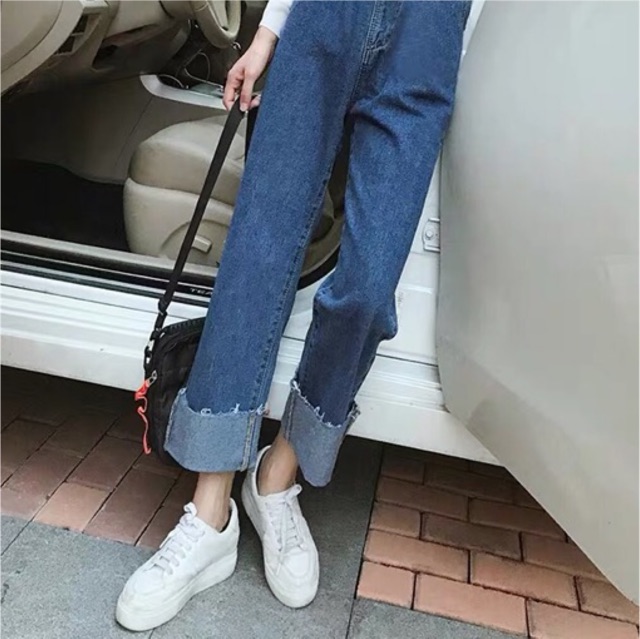 Quần culottes baggy jeans ống rộng lật lai lưng cao ulzzang