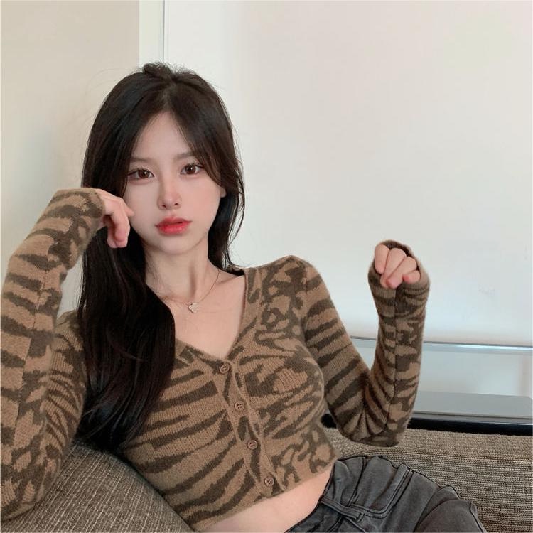 Áo cardigan dệt kim ZHELIHANGFEI tay dài cổ chữ v eo cao in họa tiết da báo kiểu Mỹ