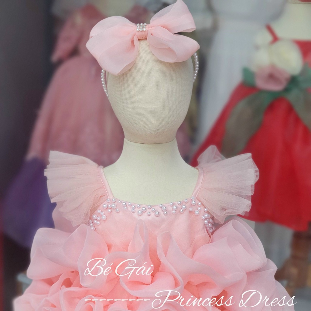 Đầm công chúa cao cấp hoa hồng 3D màu hồng ruốc / hồng cam cho bé gái 1-6 tuổi