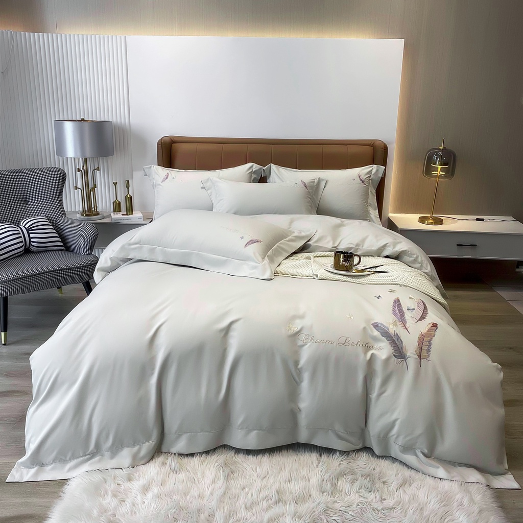 Bộ chăn ga gối Cotton 100% họa tiết thêu lông vũ sang trọng, chất liệu nhập khẩu cao cấp mềm mịn thoáng mát - Bông.Decor