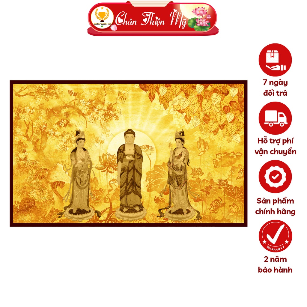 Đèn Hào Quang Phật Tây Phương Tam Thánh In Tranh Trúc Chỉ Ngang CHÂN THIỆN MỸ, Trang Trí Phòng Thờ,Bàn Thờ Phật TC-TN-82