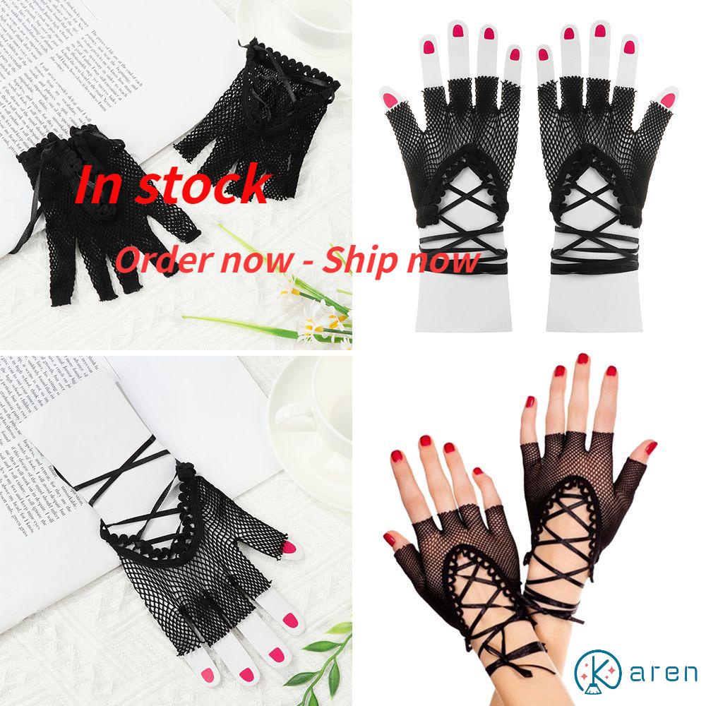 Găng Tay Ren Lưới Hở Ngón Màu Đen Phong Cách Gothic Lolita Quyến Rũ Cho Nữ