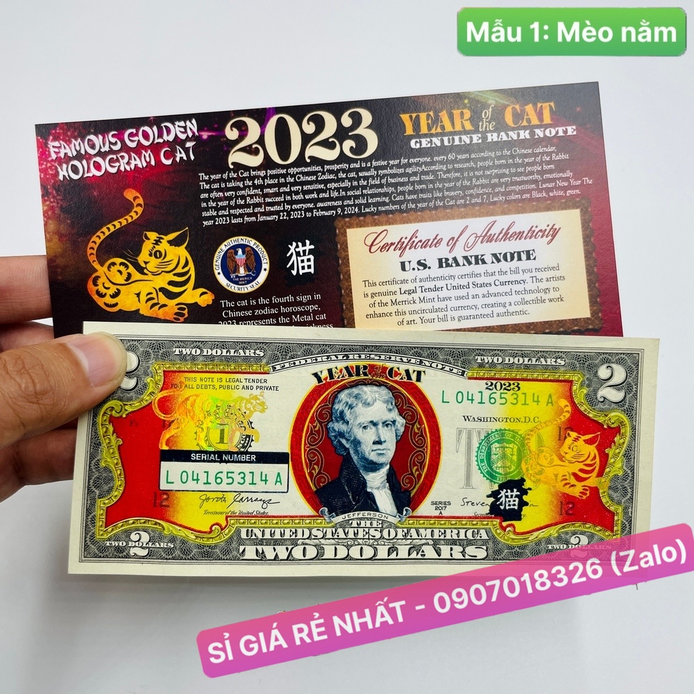 (5 BỘ) Tết 2023  - Tờ 2 Đô Hình Mèo Vàng của Bộ Tài Chính Mỹ phát hành [MÈO NẰM]