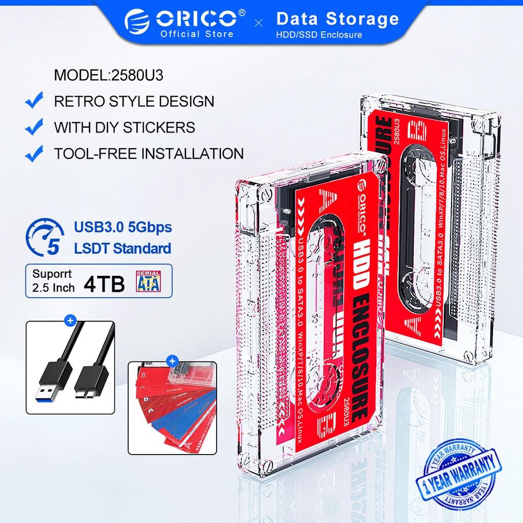 Vỏ ổ cứng ngoài ORICO 2580U3 USB3.0 SATA3.0 5Gbps 4TB HDD hỗ trợ UASP kiểu dáng băng cát sét trong suốt có hình dán