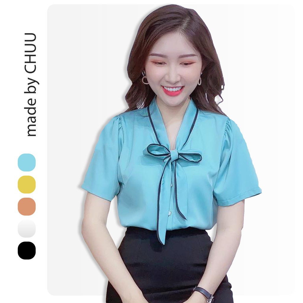 [ Mã WASTRUN4 giảm 10% tối đa 30K đơn 99K] Áo sơ mi nữ công sở tay ngắn cổ nơ vải mát CHUU A5352