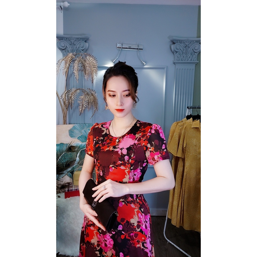 Đầm hoa Da1492 voan kính 2 lớp,, có túi 2 bên