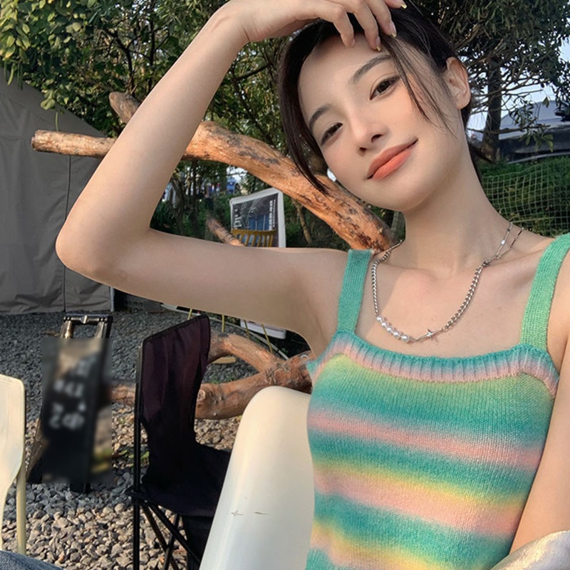 Brroa Áo Croptop Dệt Kim Không Tay Hở Vai Ôm Dáng Kẻ Sọc Cầu Vồng Ngọt Ngào Mùa Hè Cho Nữ Sw