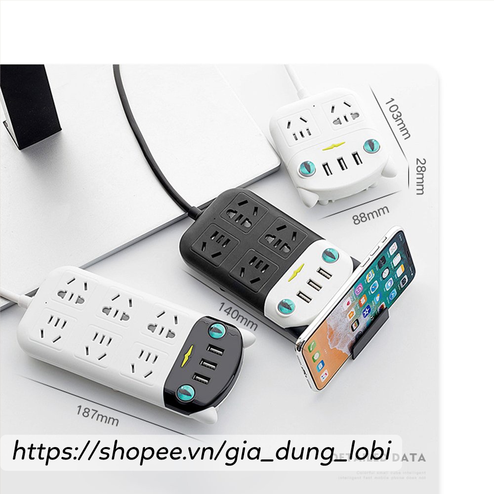 Ổ cắm điện mèo LobiShop Ổ cắm điện USB chống giật 4 ổ cắm 3 chấu chân dẹt chân tròn 3 cổng usb hàng chuẩn