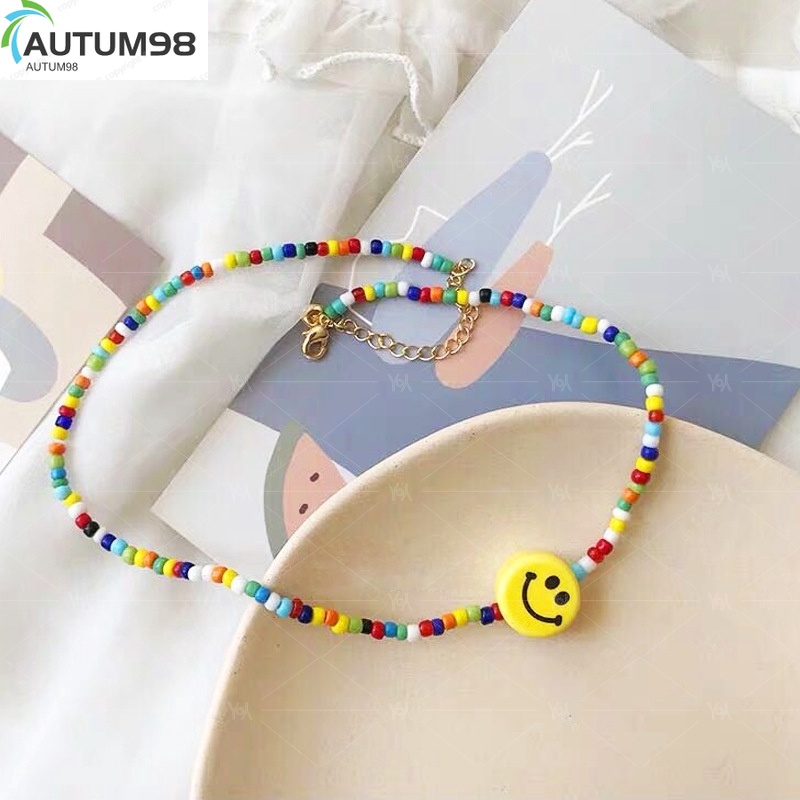 Autum98 Dây chuyền ngắn đính cườm họa tiết mặt cười nhiều màu sắc độc đáo(B3-1-5)