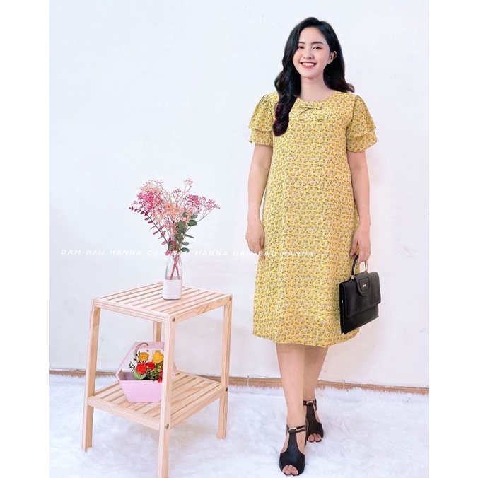 [HANNA] Đầm bầu công sở vải voan mùa hè big size 100kg dành cho bầu mập voan 2 lớp mềm mát không nhăn fom a dáng dài