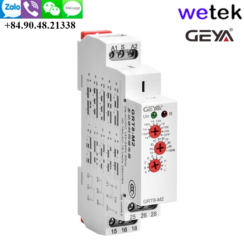 Rơ le thời gian đa chức năng , model Geya GRT8-M, tiếp điểm 16A, lắp thanh DIN