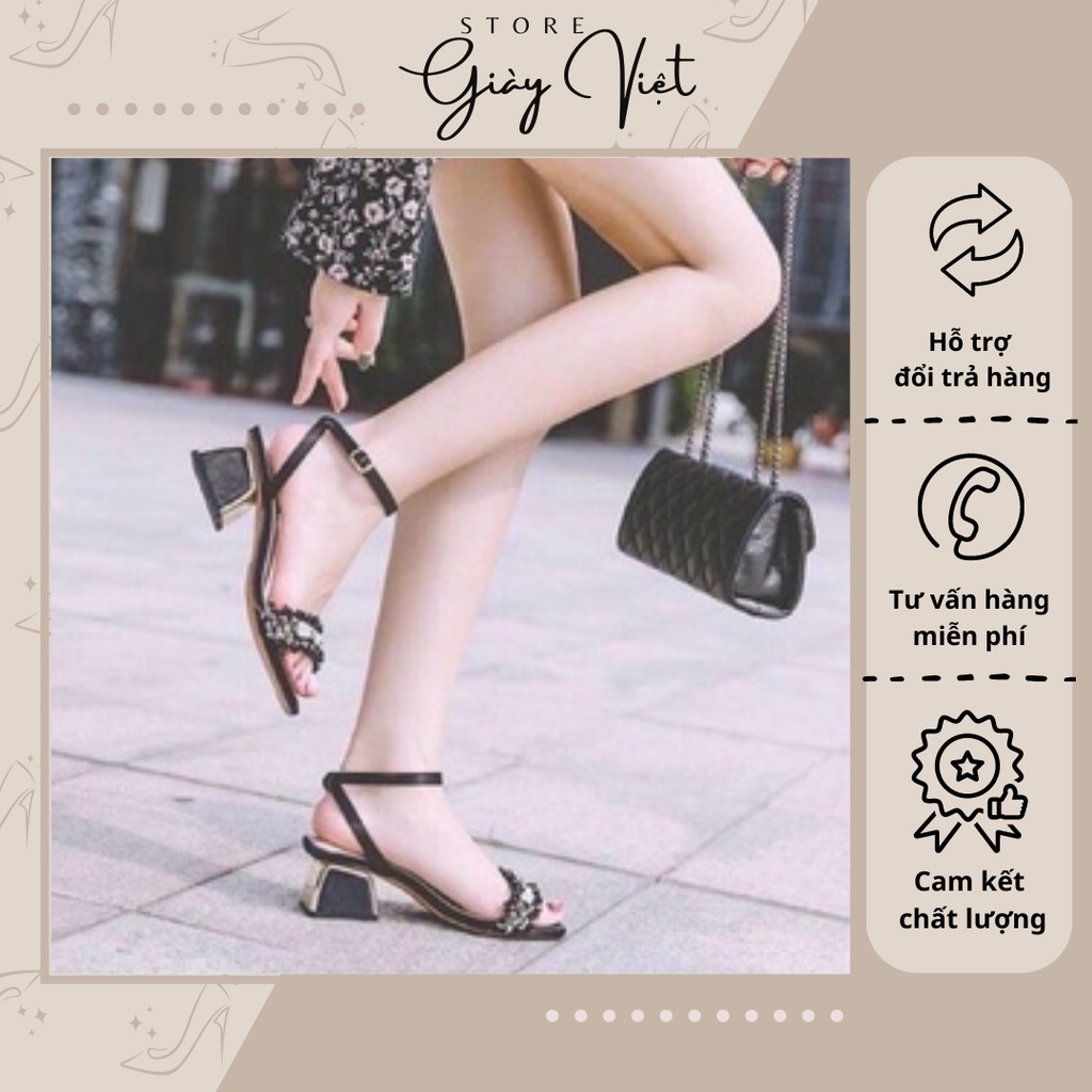 Sandal 5p cao gót dây đính hạt Ngọc siêu xinh Hot