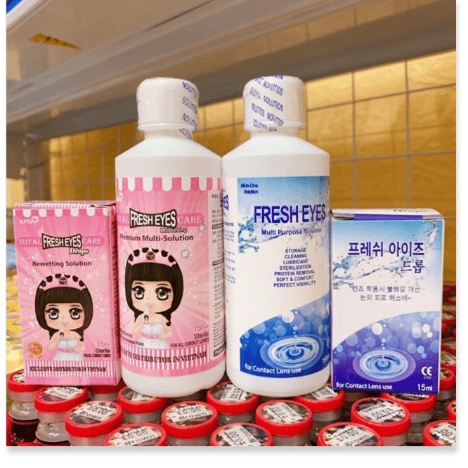 Nước ngâm rửa lens FRESH EYES chai lớn 150ml, nước nhỏ, dụng cụ đeo lens chuyên dụng chính hãng nhập khẩu Hàn Quốc