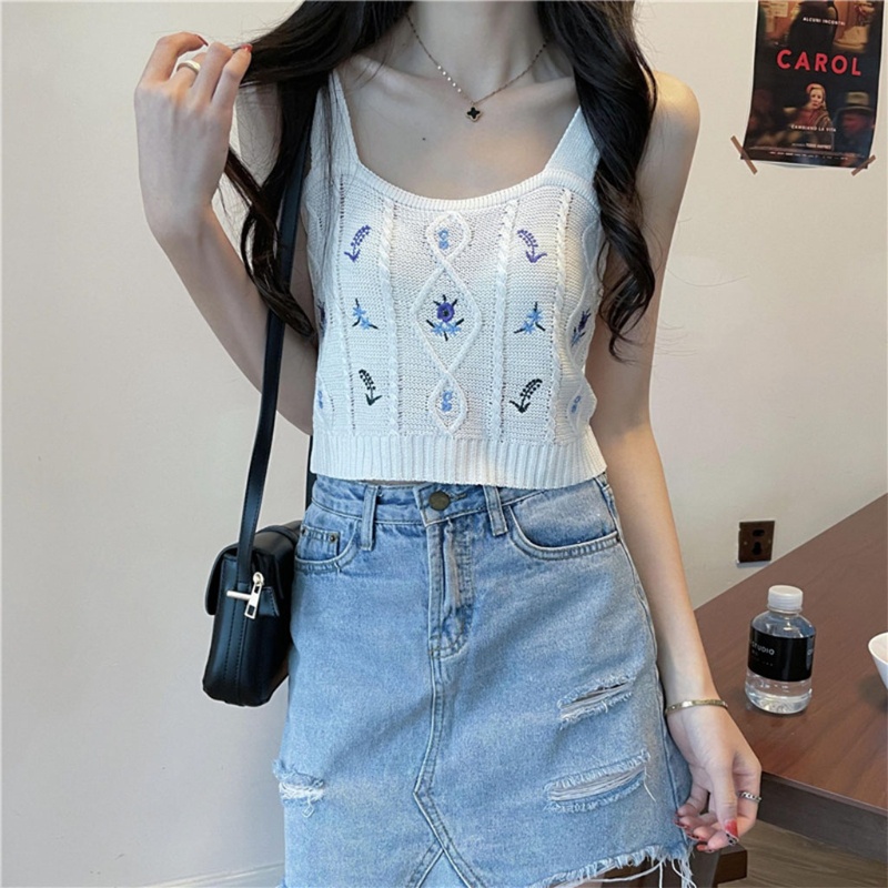 Xiangbao Áo Crop Top Dệt Kim Thêu Hoa Phong Cách Boho Mùa Hè Cổ Điển Cho Nữ Swi