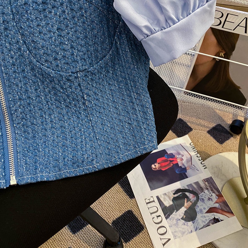 Áo Sơ Mi Tay Ngắn Dáng Ôm Phối Vải denim Thời Trang Mùa Hè Cho Nữ