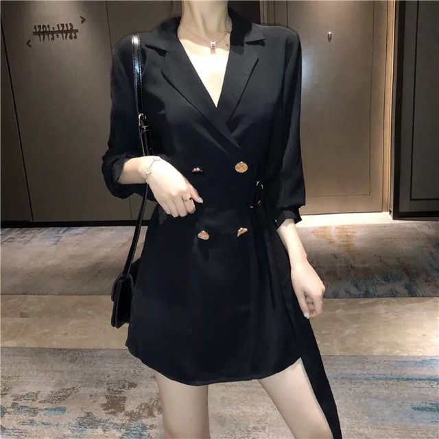 {Order5-7 ngày} Váy sơ mi sang chảnh cổ vest đính khuy cách điệu(mẫu hót) Quảng Châu