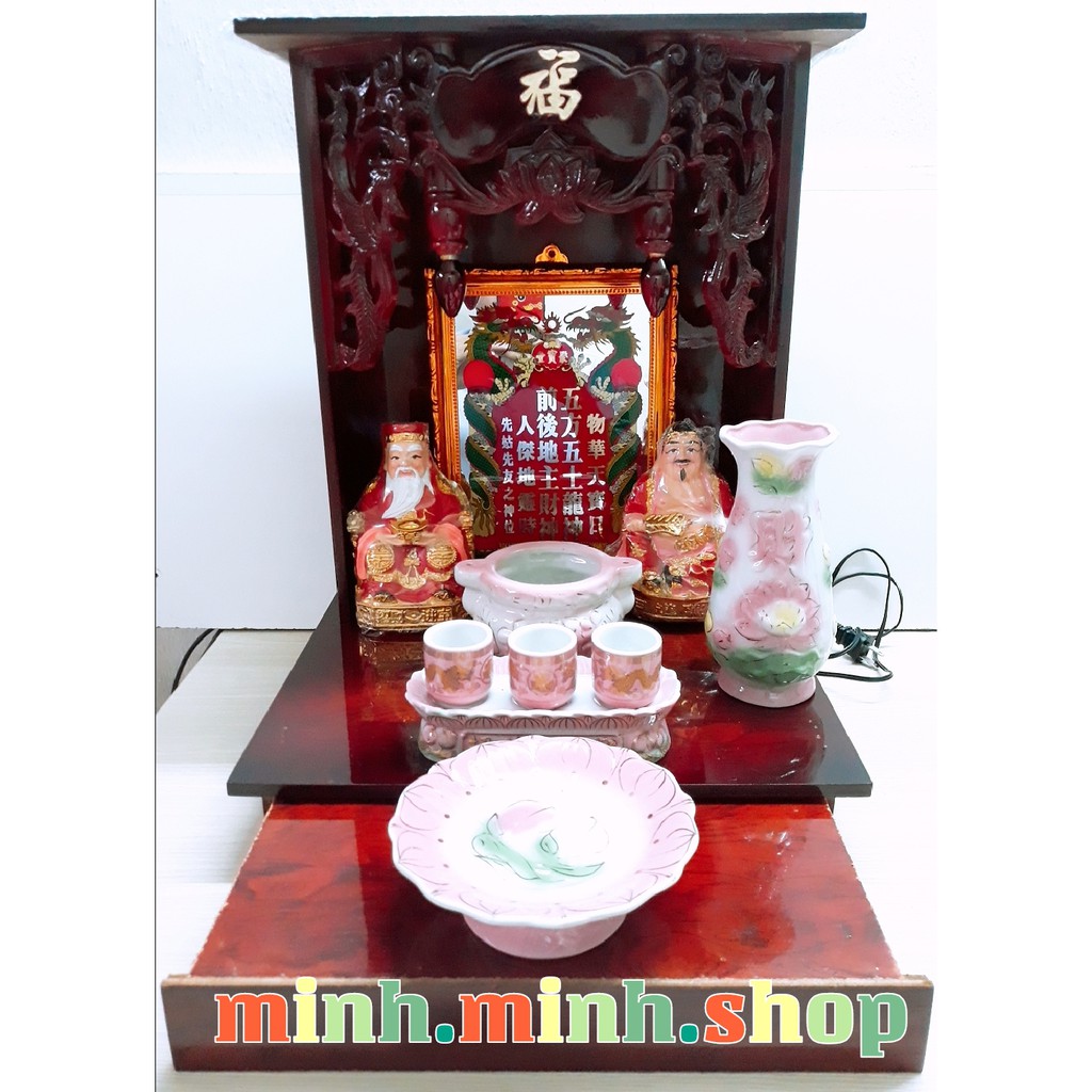Combo đồ thờ cúng màu hồng: Bàn thờ 37cm hộc kéo, tài địa,...+ khuyến mãi