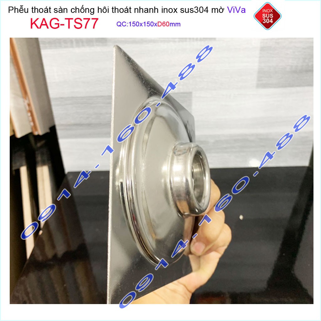 Phễu thoát sàn Viva KAG-TS77 15x15cm D60, phễu thoát sàn SUS304 đúc liền khối sales 40%, hố ga chống hôi inox 304 dày