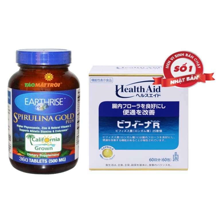 Tảo mặt trời Spirulina Gold Plus Mỹ hộp 360 viên + Men vi sinh Bifina Nhật Bản R 60 gói