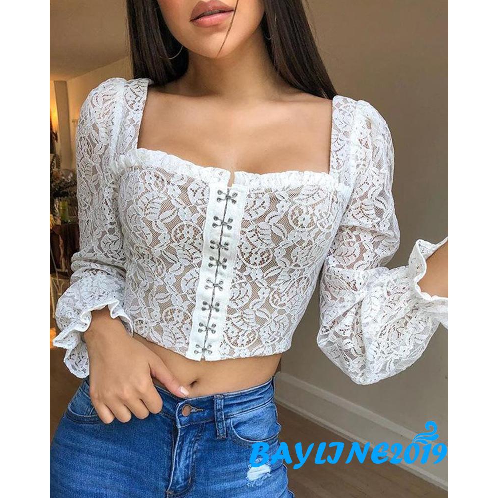 Áo Croptop Cổ Chữ U Phối Ren Màu Trơn Quyến Rũ Dành Cho Nữ