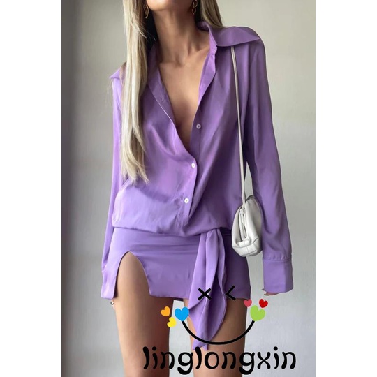 Linglongxi2-đầm Xẻ Tà Phối Nút Màu Trơn Thanh Lịch Dành Cho Nữ