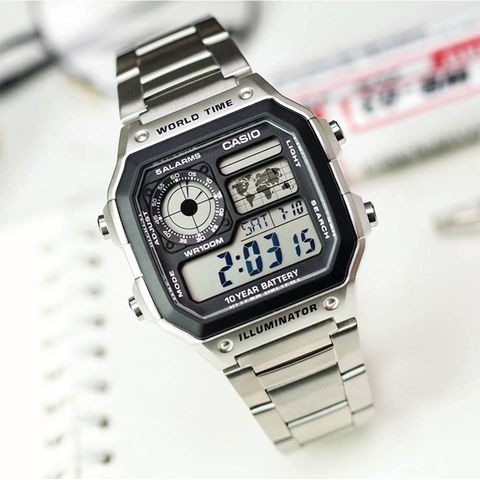 Đồng hồ Casio Nam AE-1200 thiết kế mặt vuông cổ điển dây kim loại chống nước - pin 10 năm xài siêu bên