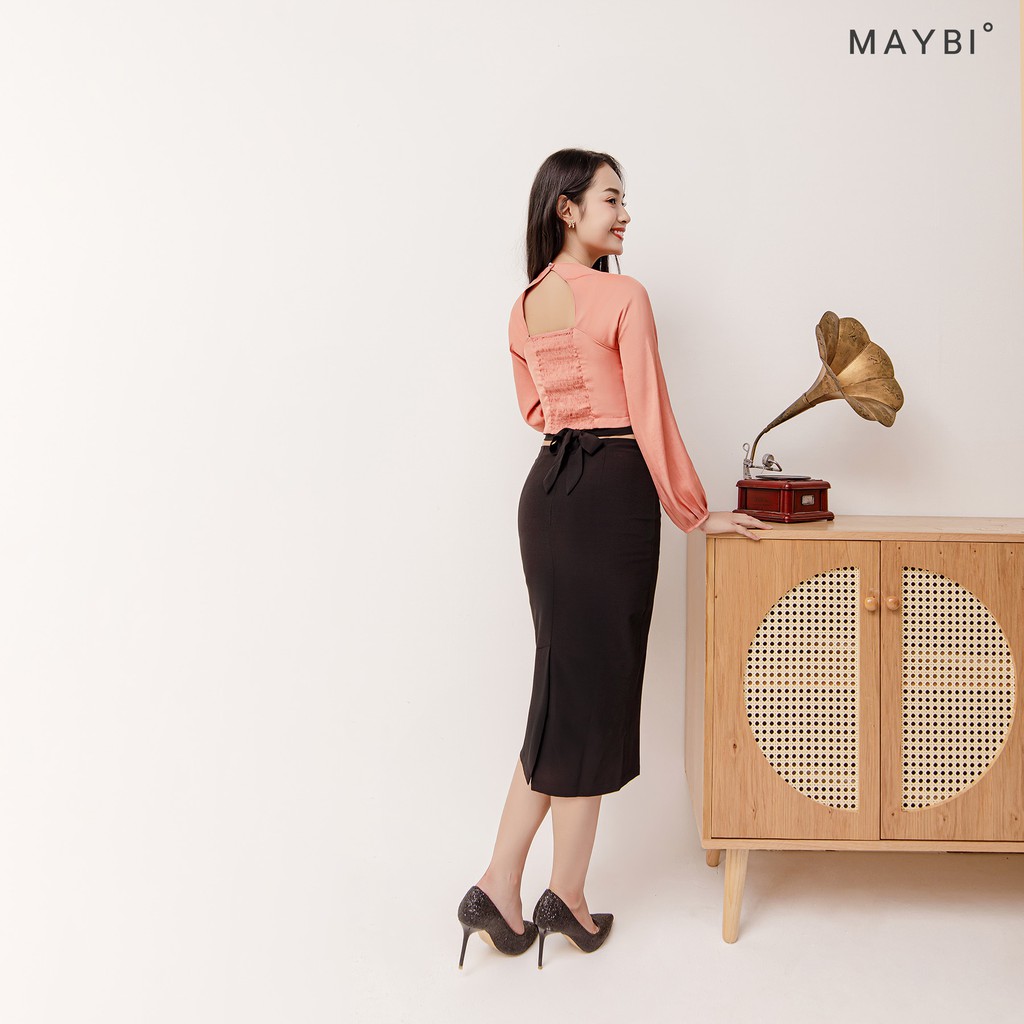 MAYBI - Áo hồng cổ vuông tay phồng dài
