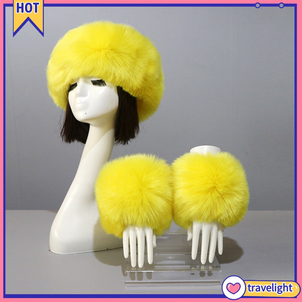 1 Set Băng Đô + Găng Tay + Găng Tay Hở Ngón Bằng Lông Giả Màu Trơn Phối Lông Thú Dành Cho Nữ Trượt Tuyết