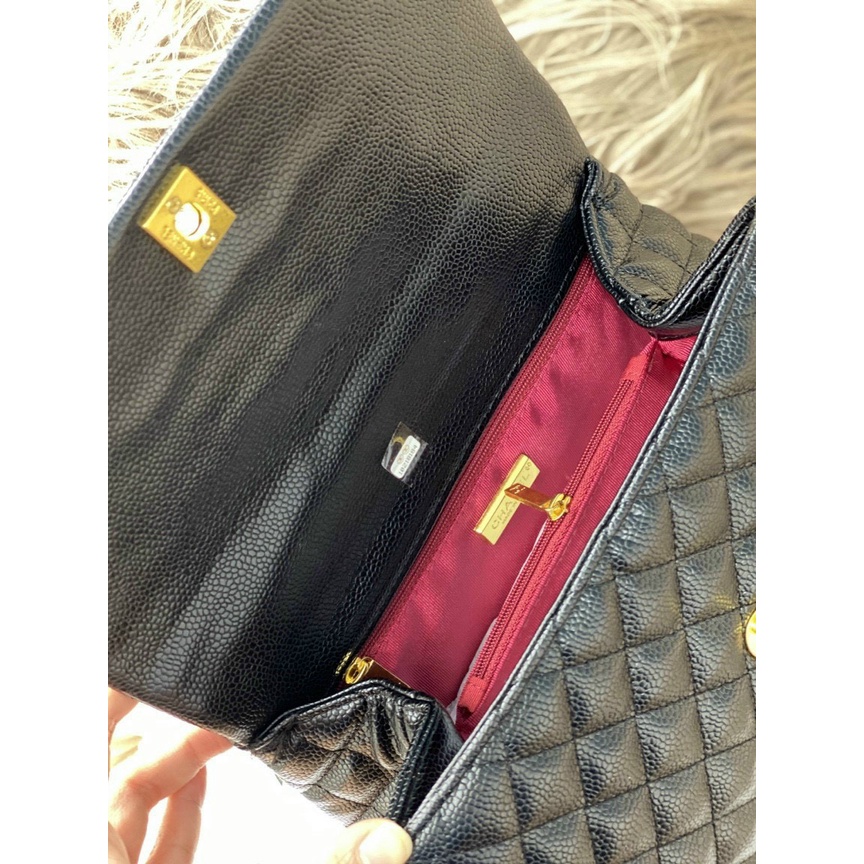 Túi xách Chan Coco size 25 hàng xuất da hạt Fullbox/Túi đeo chéo Chan size 25 da Caviar tag vàng Full box