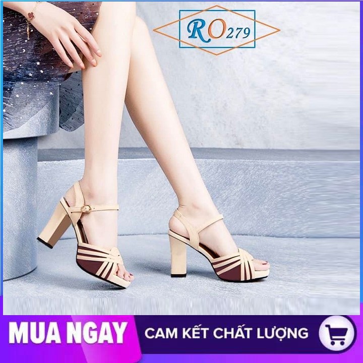 Giày cao gót nữ đẹp đế vuông 7cm hàng hiệu rosata hai màu đen kem ro279