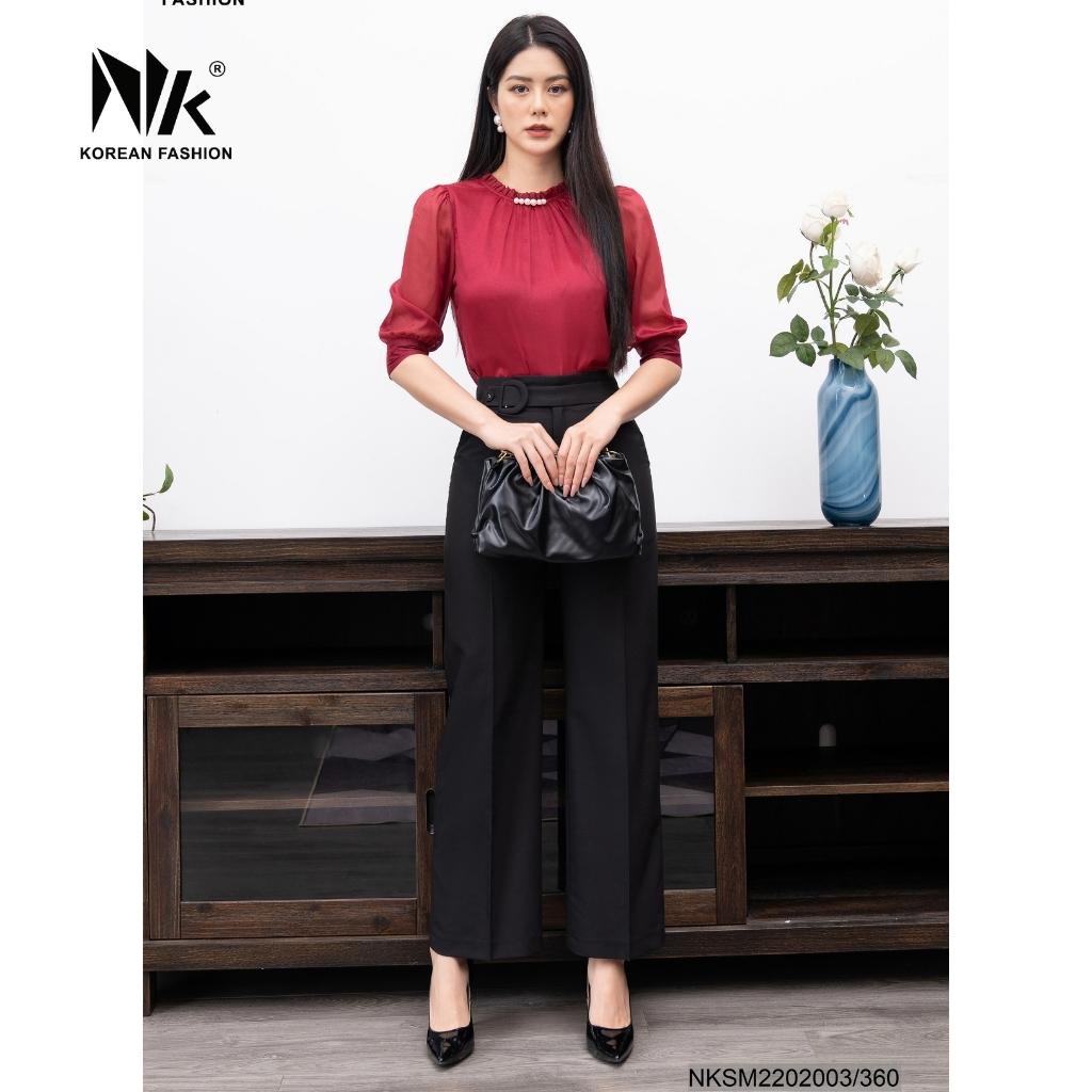 Áo Sơ Mi Tay Lỡ Công Sở Nữ NK Fashion Cổ Đính Ngọc Điệu Đà, Vải Nhập Hàn Cao Cấp Mềm Mại NKSM2202003