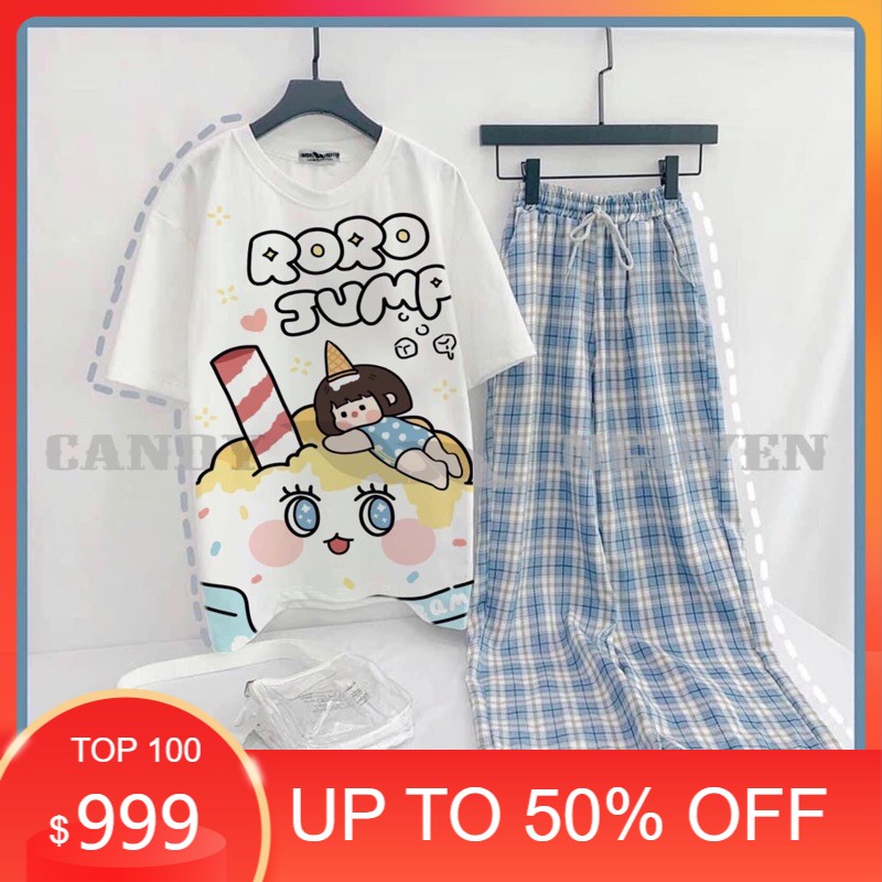 Sét áo RORO ngắn tay +quần kẻ xanh , sét áo nam nữ, chất đẹp, sét bộ mặc ở nhà MODY