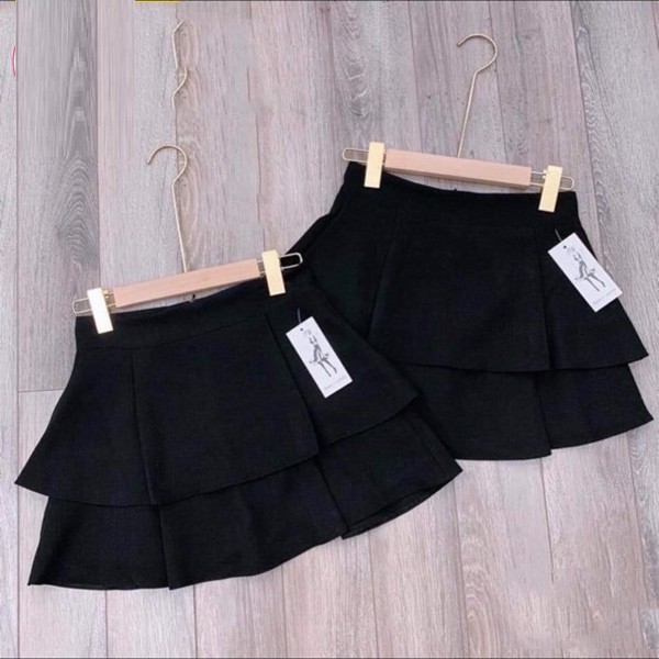 Chân váy 2 tầng ngắn đen có lót trong dáng xòe cá tính ôm bigsize cạp chun lưng thun vải Umi co giãn