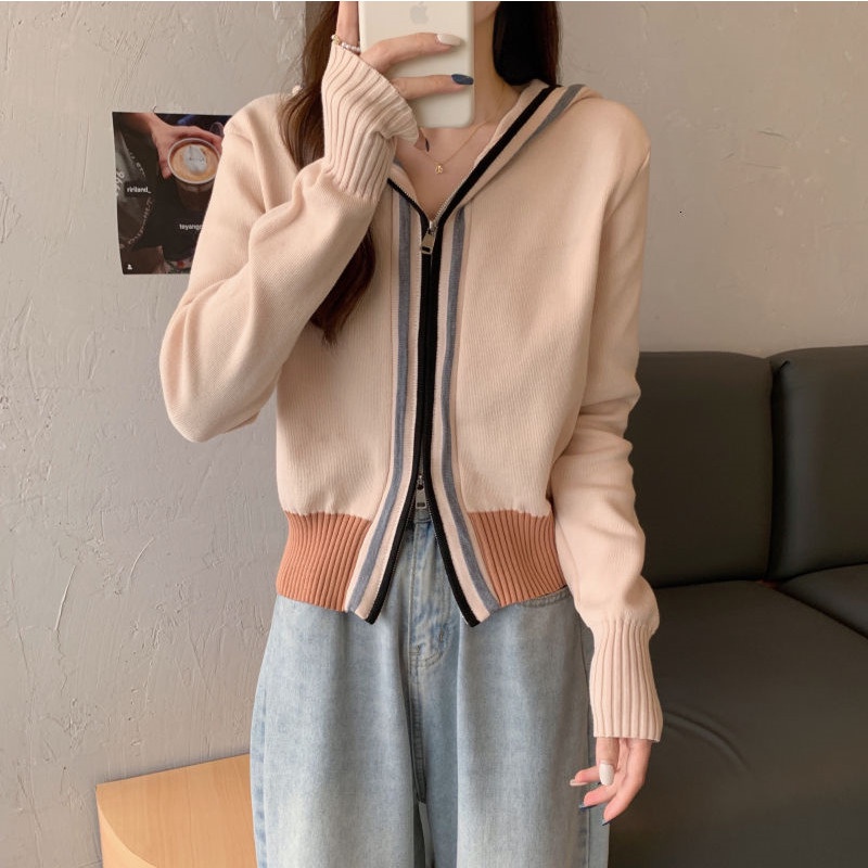 Áo Cardigan Dệt Kim Dài Tay Thời Trang 175588Áo Khoác Có Nón Và Khóa Kéo Màu Sắc Tương Phản Phong Cách Hàn Quốc