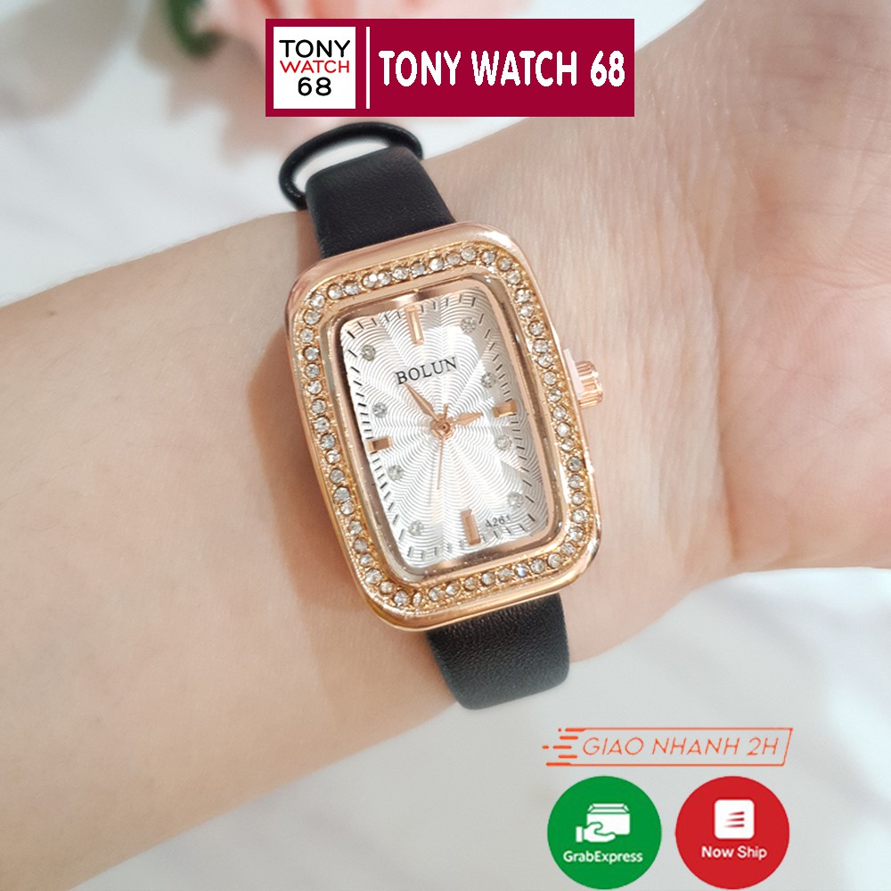 Đồng hồ nữ Bolun chữ nhật đính đá dây da nhiều màu độc đáo chống nước chính hãng Tony Watch 68