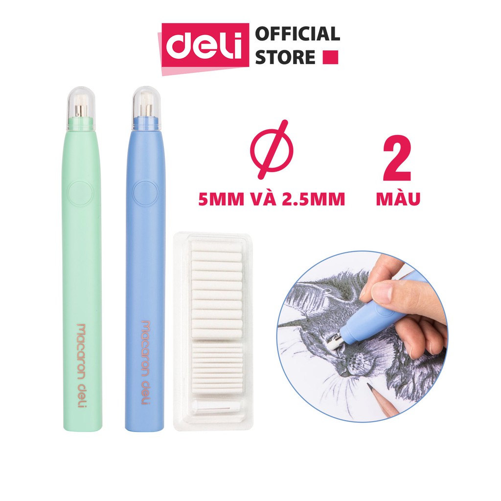 Bút tẩy điện Deli - Đánh bóng tranh vẽ, tẩy góc cạnh 2 kích thước khác nhau gồm 20 lõi tẩy thay thế -nhiều màu lựa chọn