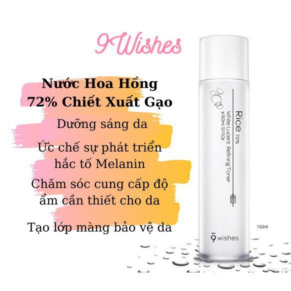 Nước Hoa Hồng Dưỡng Ẩm, Cân Bằng và Dưỡng Trắng Da 9Wishes Rice 72% White Lucent Refining Toner 150ml - Khongcoson