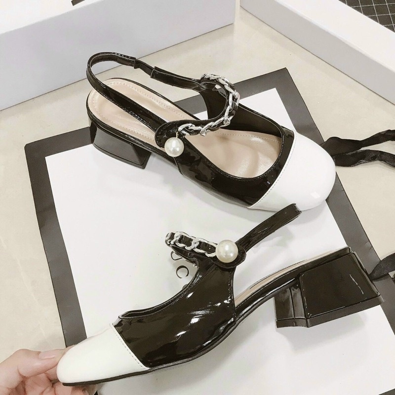 Sandal da bóng bít mũi vuông đen trắng hàng VNXK - 3P