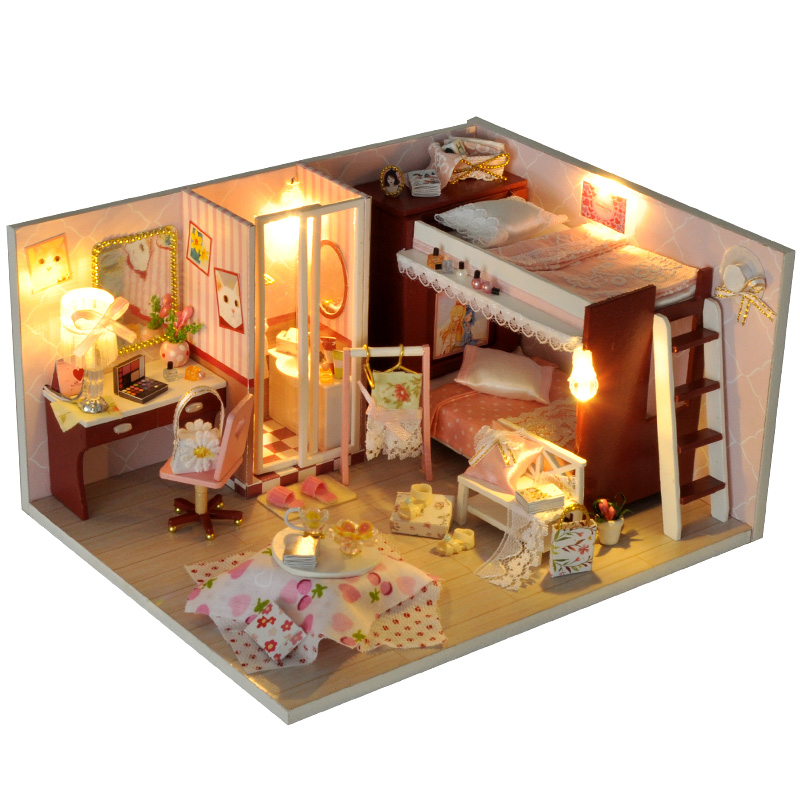 Nhà búp bê DIY Dollhouse lắp ghép bằng gỗ Mẫu Căn nhà màu hồng tặng kèm dụng cụ lắp ghép, keo silicon, Mica