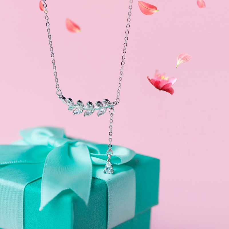 Dây chuyền bạc Evasilver mặt hình lá đính đá thời trang, Vòng cổ chất liệu bạc ta cực đẹp và nữ tính