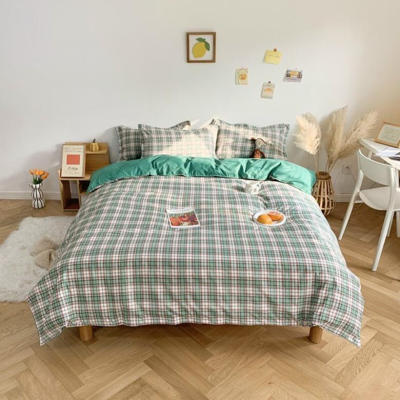 Trọn Bộ 4 Món Thương Hiệu 🌸EVILY🌸 Chăn Ga Gối Mền Cotton Poly- Mẫu KẺ CARO XANH NGỌC