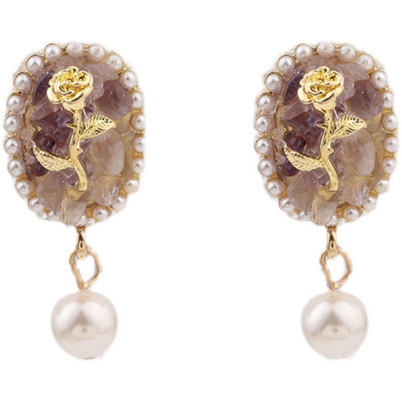 Bông tai mạ bạc 925 mặt tím hình hoa hồng đính ngọc trai thời trang sang trọng cho nữ