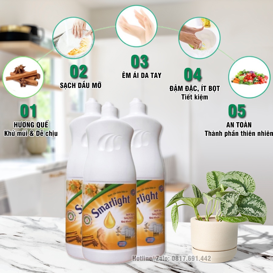 Nước Rửa Bát Hữu Cơ Hương Quế Đậm Đặc, An Toàn, Bảo Vệ Da Tay Smarlight 500ml